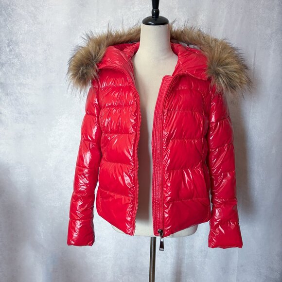 ZIAI Wet Look Red Puffer Hooded Jacket Coat Detachable Faux Fur Trim Size M - Picture 6 of 16